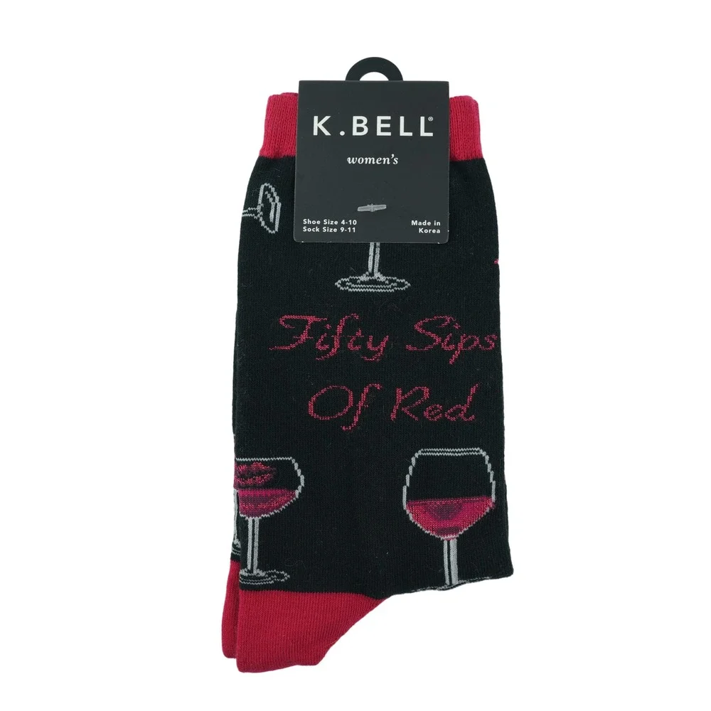 K.Bell Fifty Sips Of Red Crew Socks Womens 9-11 Black Red Wine Glass Novelty